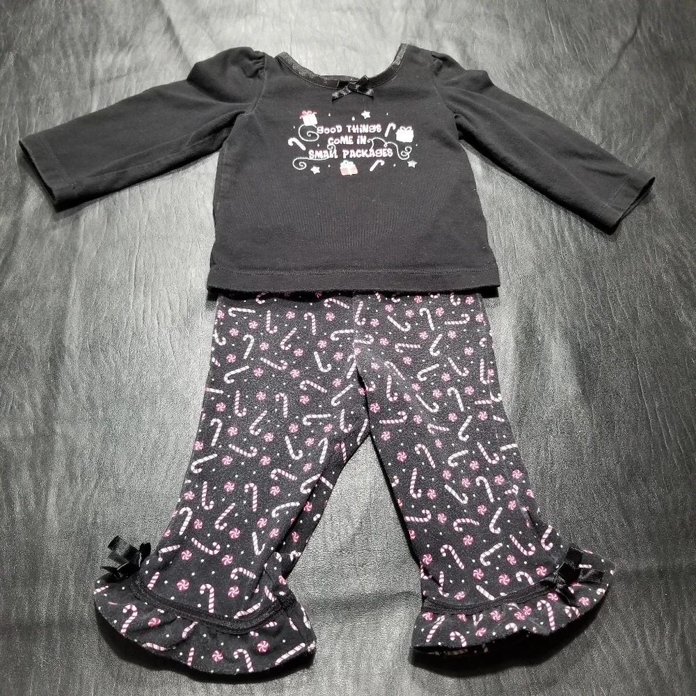 2 piece black long sleeve & candy cane ruffle leggings Christmas outfit 12 mo